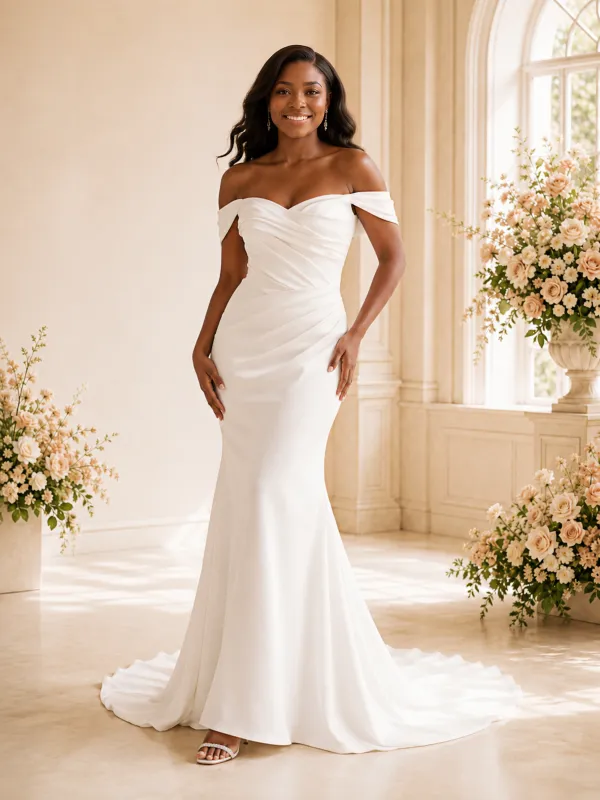 ChicSew Elegant Off The Shoulder Ruching Crepe Mermaid Long Wedding Dress made by ChicSew