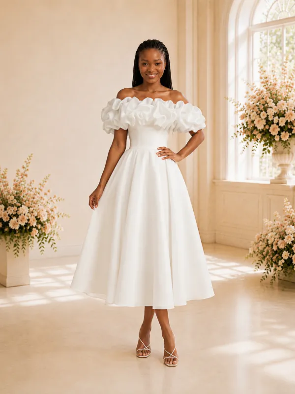 ChicSew Fancy Off The Shoulder A-Line Satin Tea-Length Wedding Dress made by ChicSew