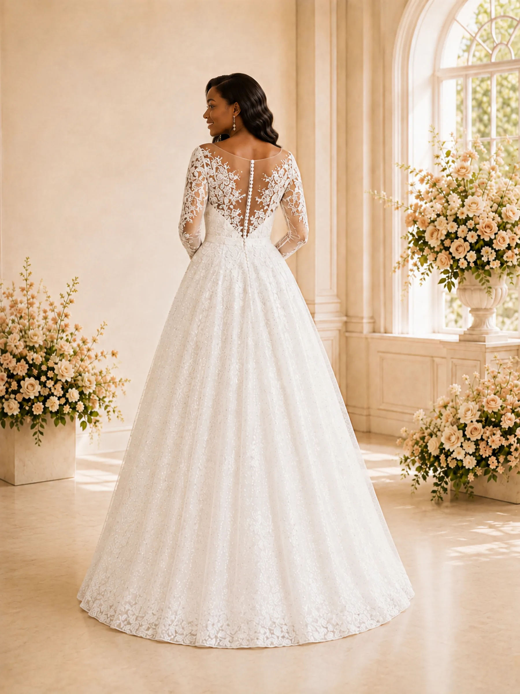 ChicSew Elegant Illusion Long Sleeves Lace Appliques Glitter Tulle Maxi Wedding Dress sold by ChicSew product image thumbnail 4