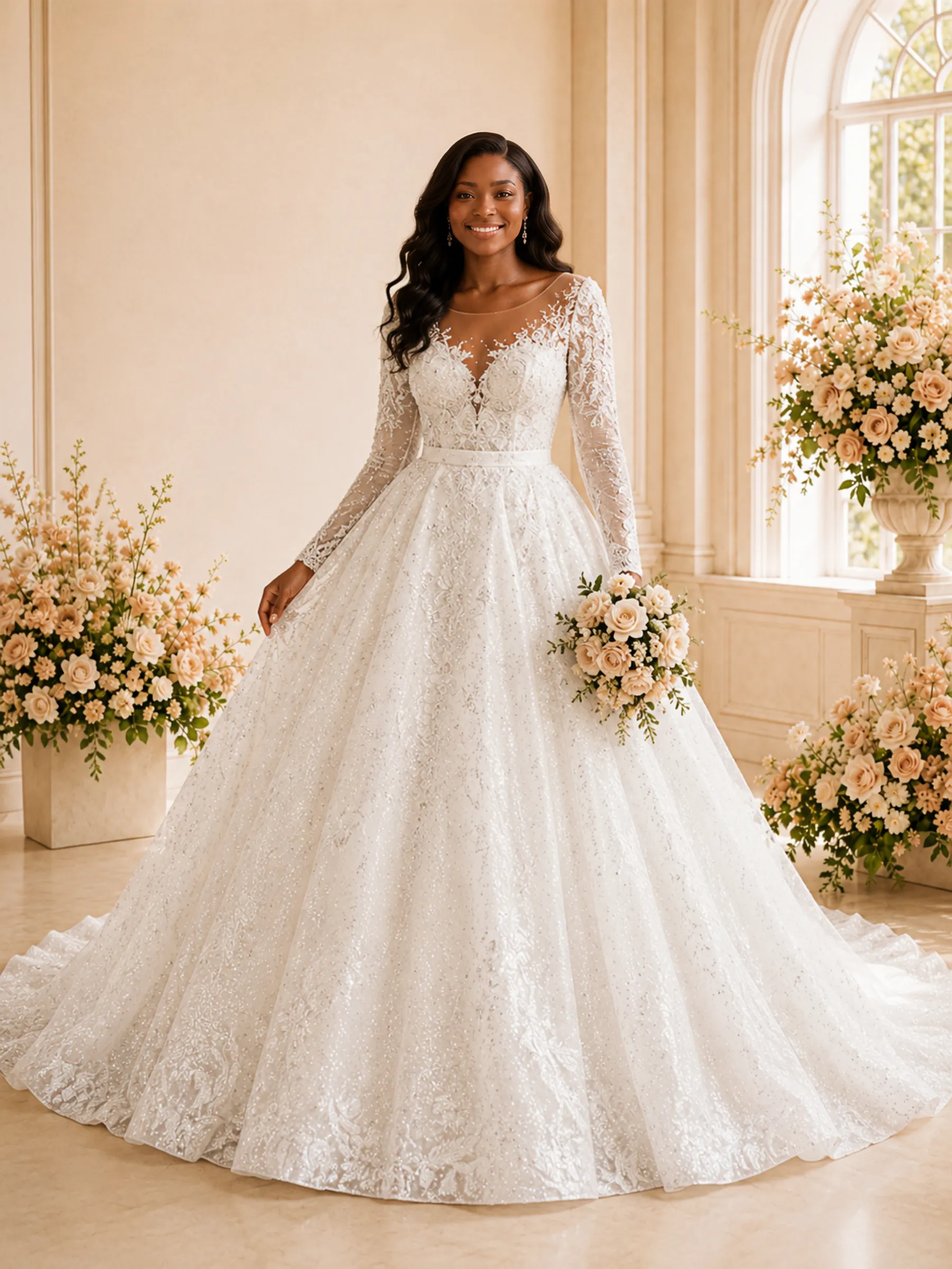 ChicSew Elegant Illusion Long Sleeves Lace Appliques Glitter Tulle Maxi Wedding Dress sold by ChicSew
