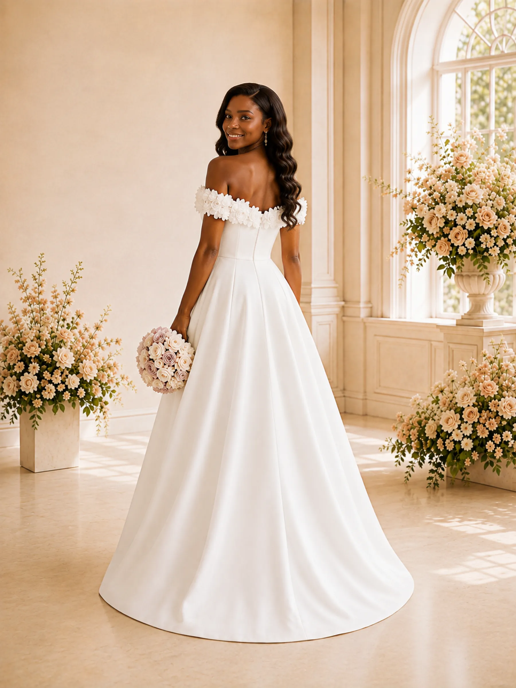 ChicSew Fancy Off The Shoulder A-Line Satin Maxi Wedding Dress With 3D Flowers sold by ChicSew product image thumbnail 3