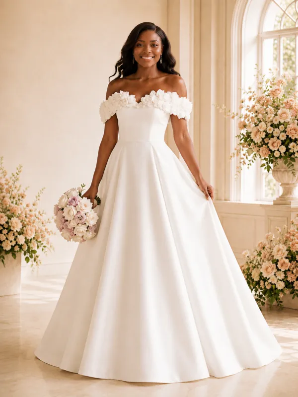 ChicSew Fancy Off The Shoulder A-Line Satin Maxi Wedding Dress With 3D Flowers made by ChicSew