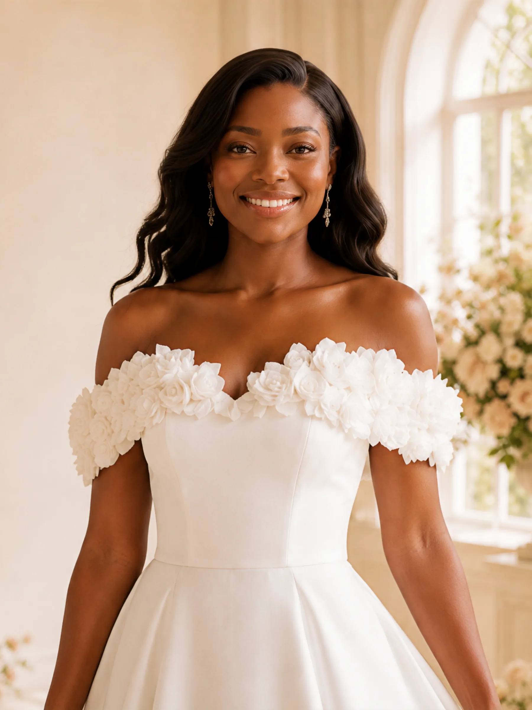 ChicSew Fancy Off The Shoulder A-Line Satin Maxi Wedding Dress With 3D Flowers sold by ChicSew product image thumbnail 2