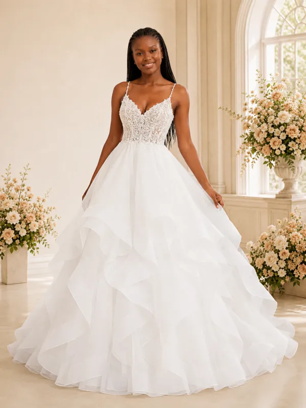 ChicSew Fancy Spaghetti Straps Lace Applique Ruffled Tulle A-Line Maxi Long Wedding Dress made by ChicSew