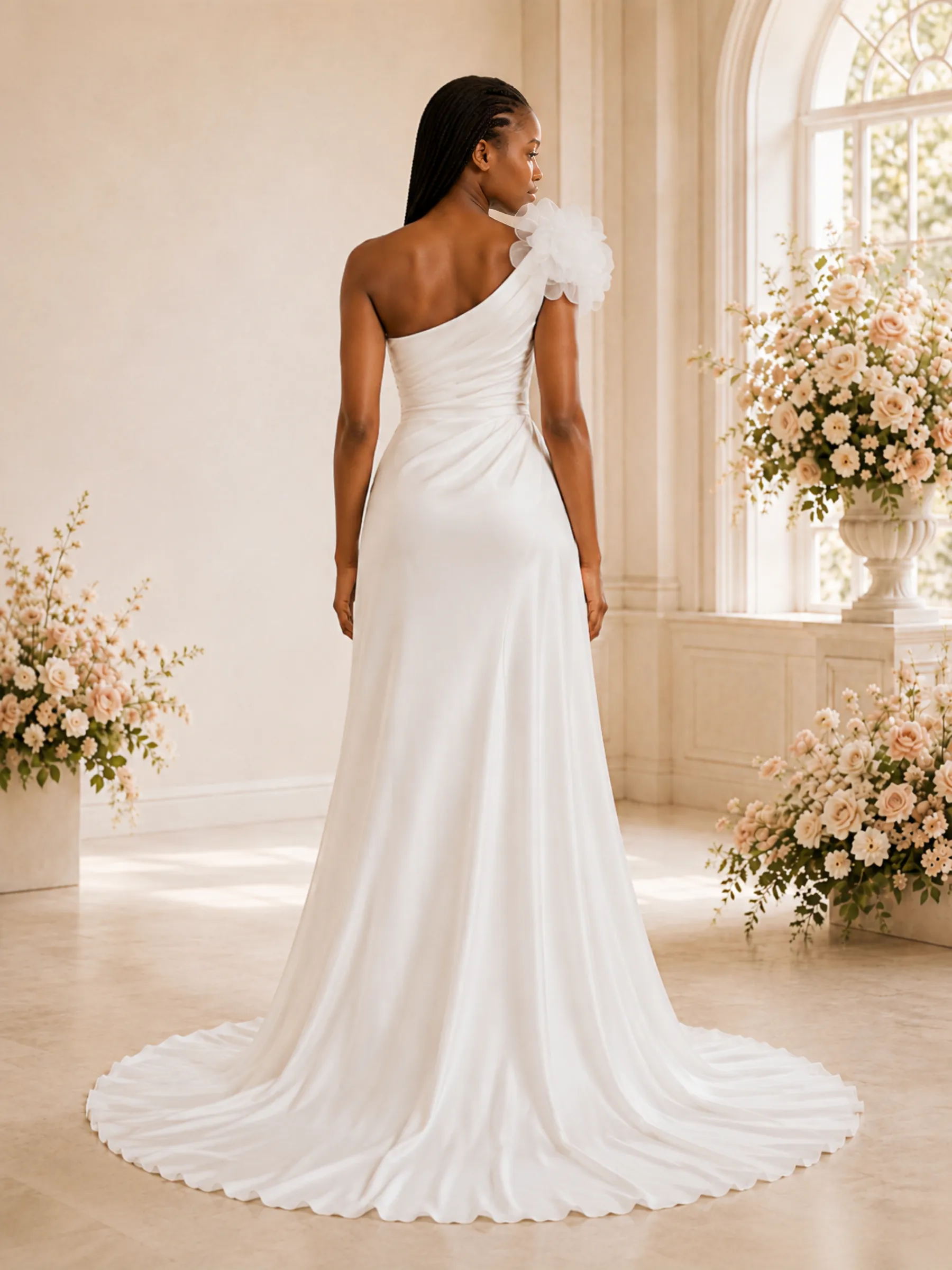 ChicSew Sexy One Shoulder Mermaid Satin Ruched Side Slit Floor-Length Wedding Dress With Floral Applique sold by ChicSew product image thumbnail 4
