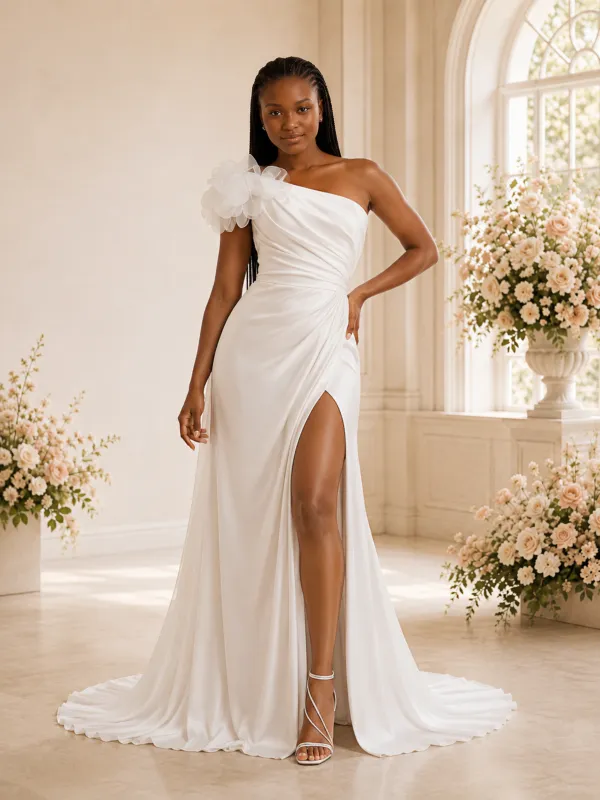 ChicSew Sexy One Shoulder Mermaid Satin Ruched Side Slit Floor-Length Wedding Dress With Floral Applique made by ChicSew
