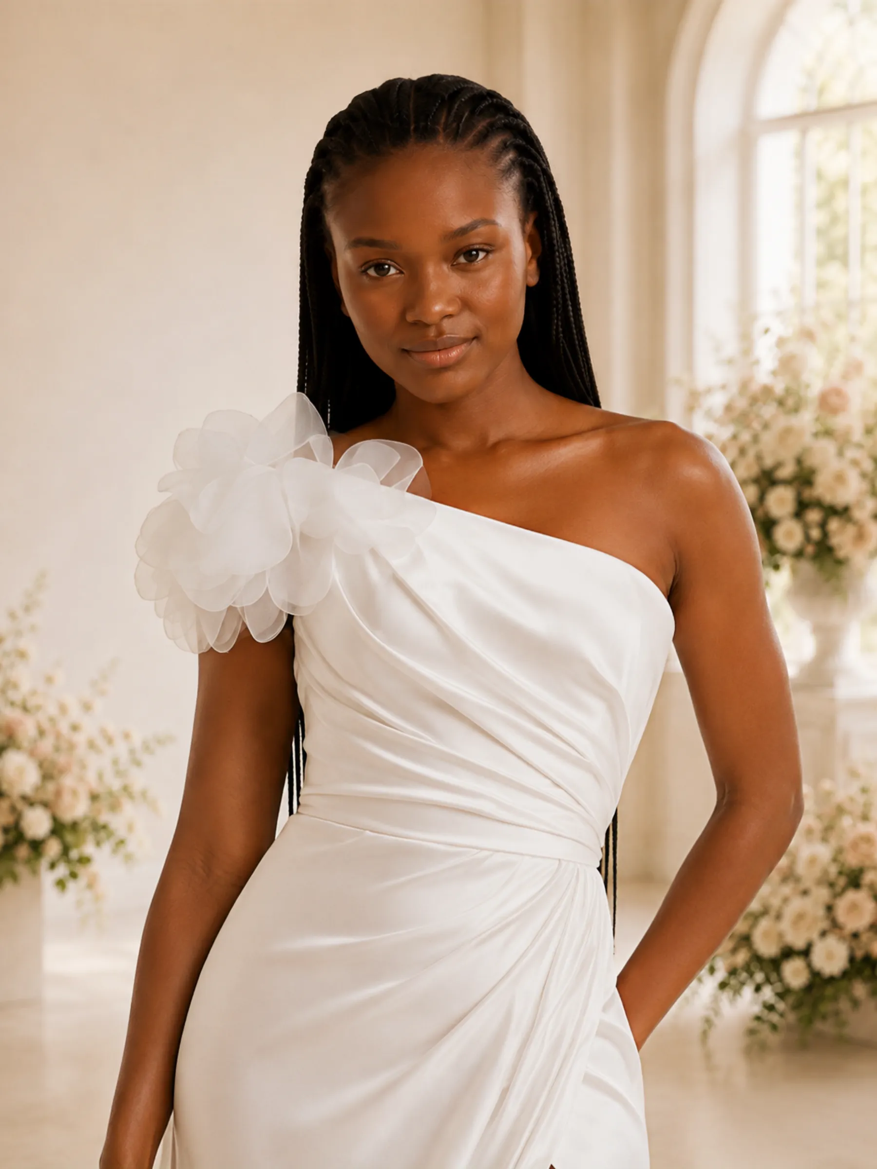 ChicSew Sexy One Shoulder Mermaid Satin Ruched Side Slit Floor-Length Wedding Dress With Floral Applique sold by ChicSew product image thumbnail 2