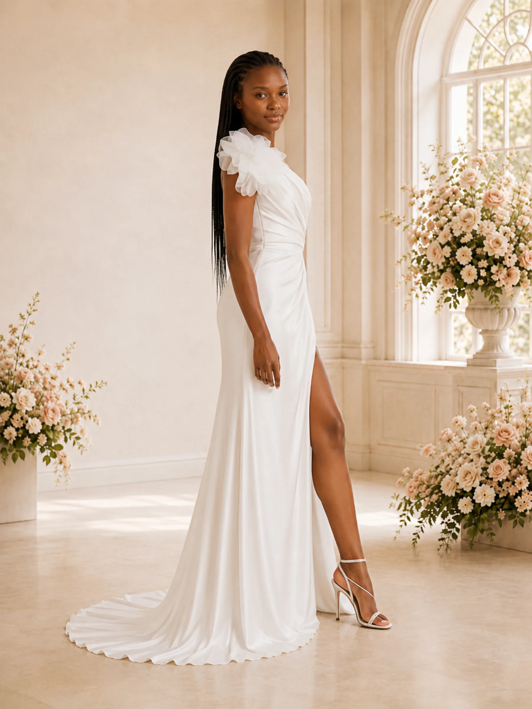 ChicSew Sexy One Shoulder Mermaid Satin Ruched Side Slit Floor-Length Wedding Dress With Floral Applique sold by ChicSew product image thumbnail 3