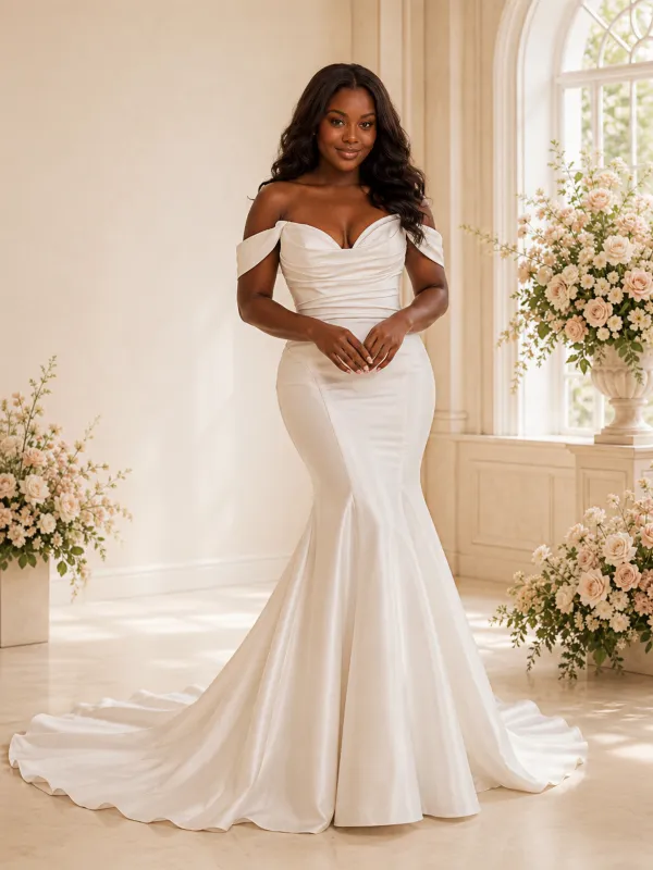 ChicSew Sexy Off The Shoulder Ruching Satin Mermaid Floor-Length Wedding Dress made by ChicSew