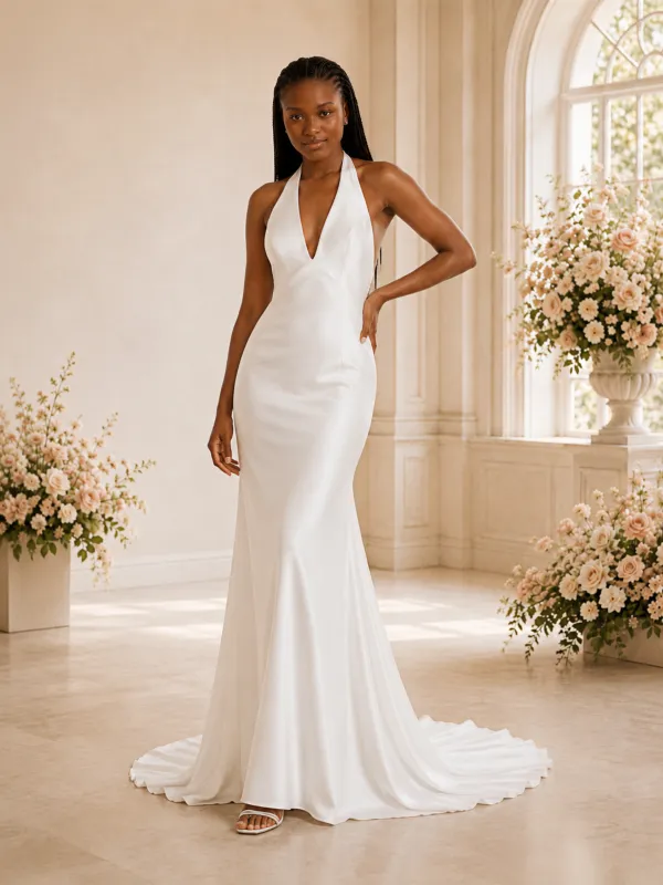 ChicSew Elegant Halter Mermaid Satin Floor-Length Open Back Wedding Dress made by ChicSew