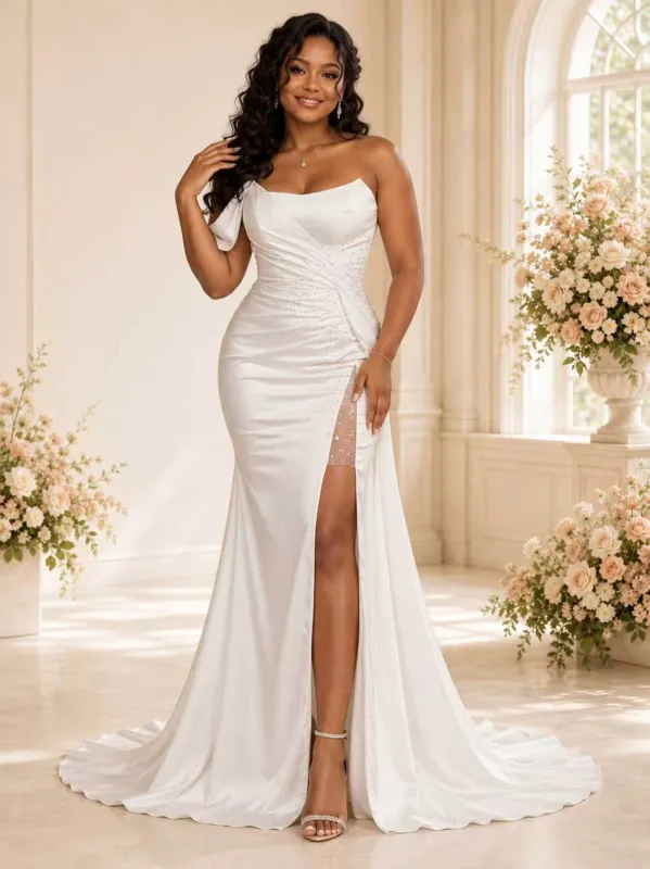 ChicSew Fancy Off The Shoulder Ruching Mermaid Satin Maxi Wedding Dress With Beaded made by ChicSew
