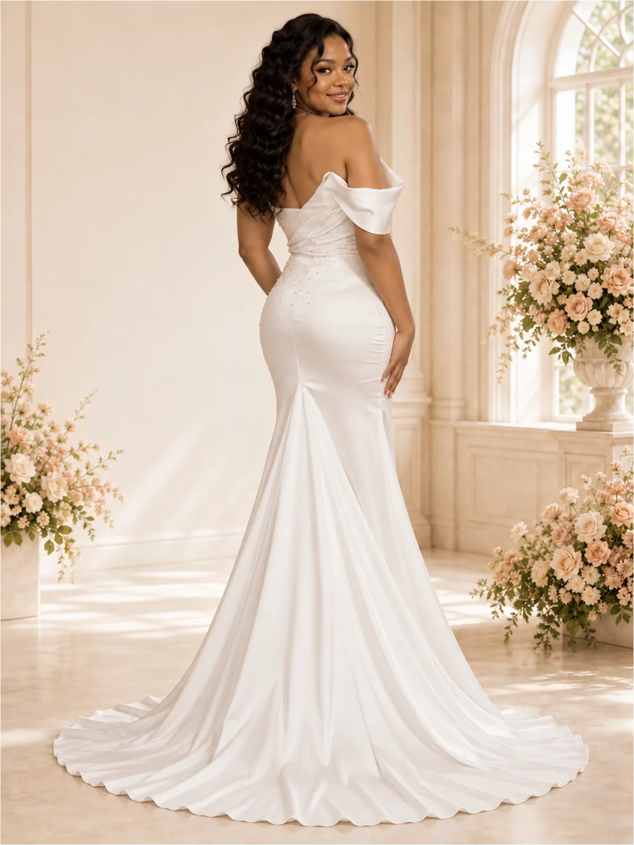ChicSew Fancy Off The Shoulder Ruching Mermaid Satin Maxi Wedding Dress With Beaded sold by ChicSew product image thumbnail 3