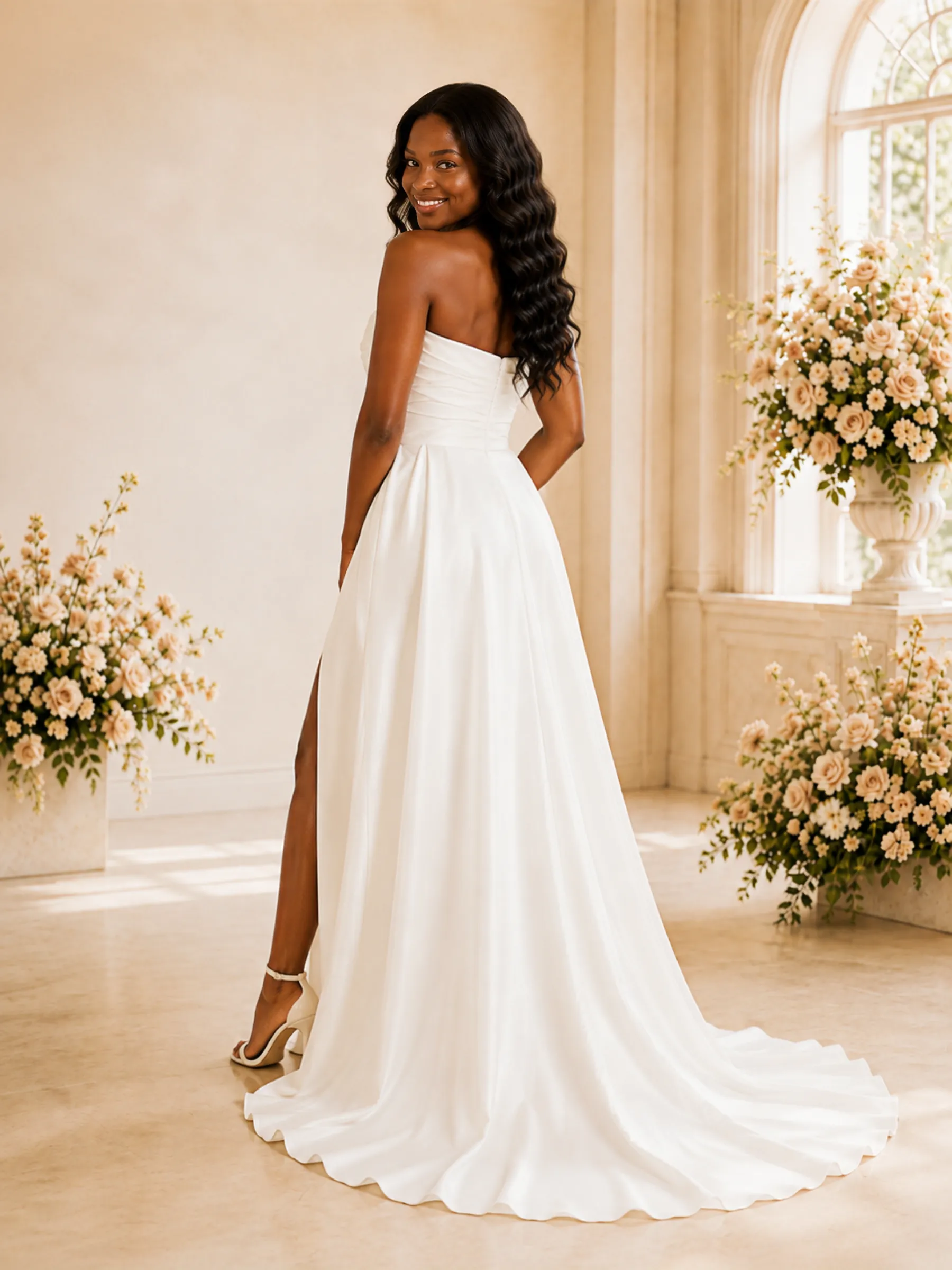 ChicSew Fancy Simple Strapless Ruching Side Slit A-Line Satin Maxi Wedding Dress sold by ChicSew product image thumbnail 4