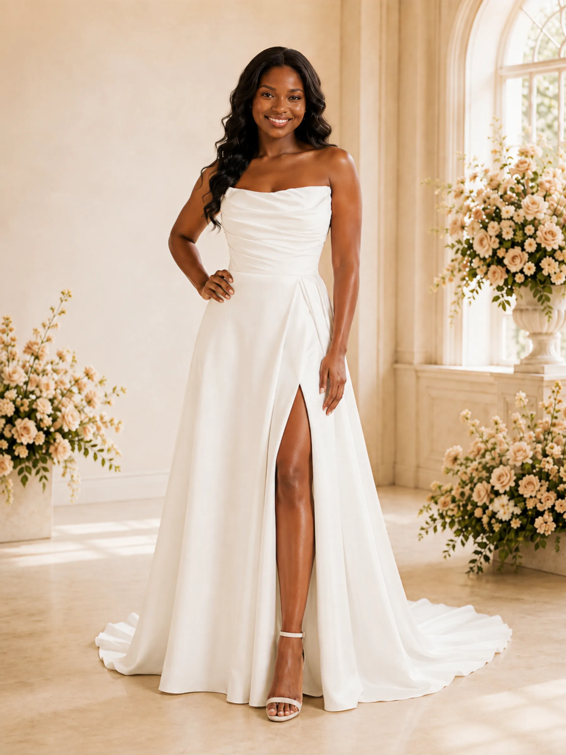 ChicSew Fancy Simple Strapless Ruching Side Slit A-Line Satin Maxi Wedding Dress sold by ChicSew