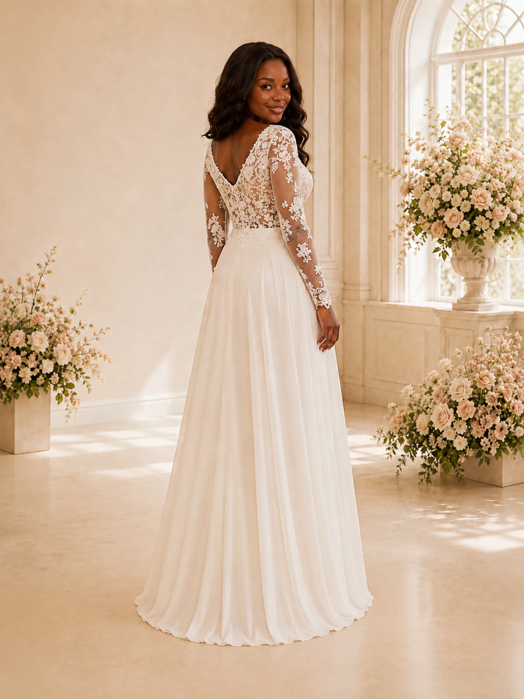 ChicSew Elegant Square Neck Long Sleeves Lace Appliques Chiffon Maxi Wedding Dress sold by ChicSew product image thumbnail 3