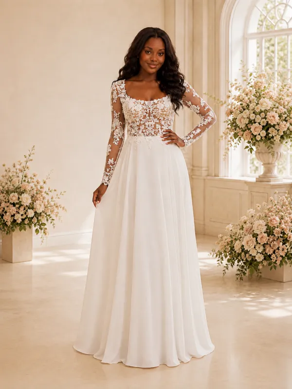 ChicSew Elegant Square Neck Long Sleeves Lace Appliques Chiffon Maxi Wedding Dress made by ChicSew