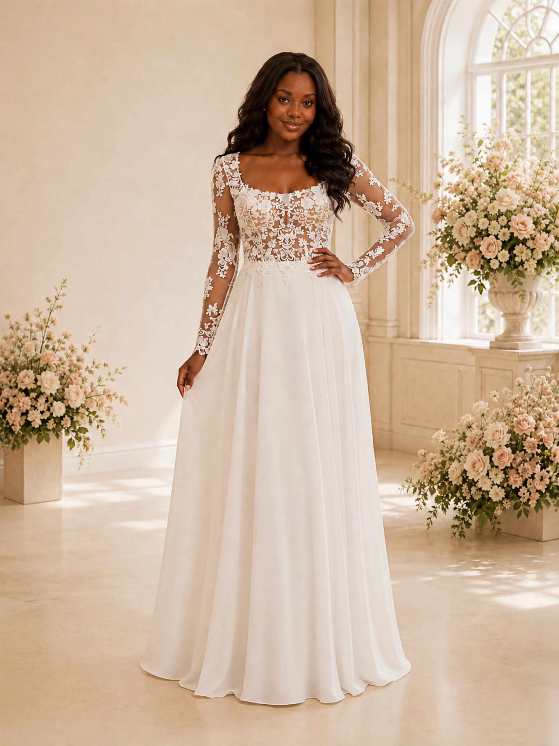 ChicSew Elegant Square Neck Long Sleeves Lace Appliques Chiffon Maxi Wedding Dress sold by ChicSew