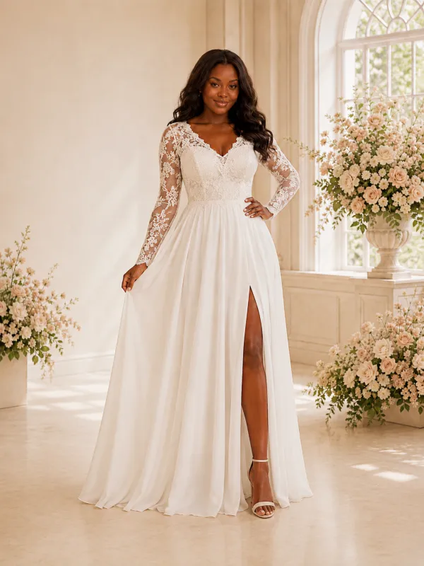 ChicSew Elegant V-Neck Side Slit Lace Appliques Chiffon Maxi A-Line Wedding Dress made by ChicSew