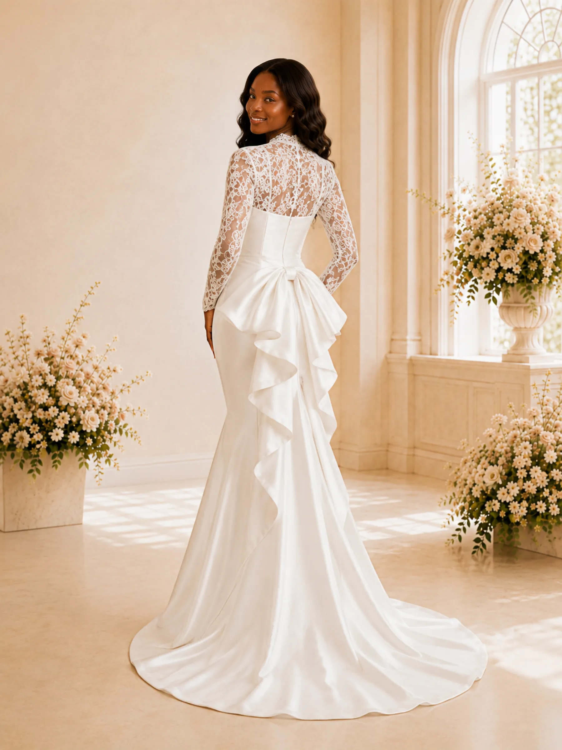 ChicSew Elegant Long Lace Sleeves Bow Knot Satin Mermaid Maxi Wedding Dress sold by ChicSew product image thumbnail 4