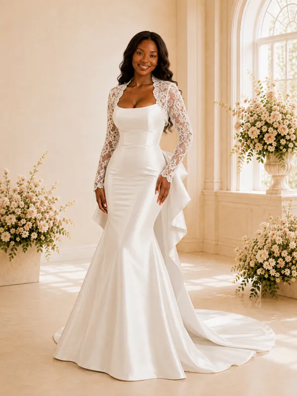 ChicSew Elegant Long Lace Sleeves Bow Knot Satin Mermaid Maxi Wedding Dress made by ChicSew