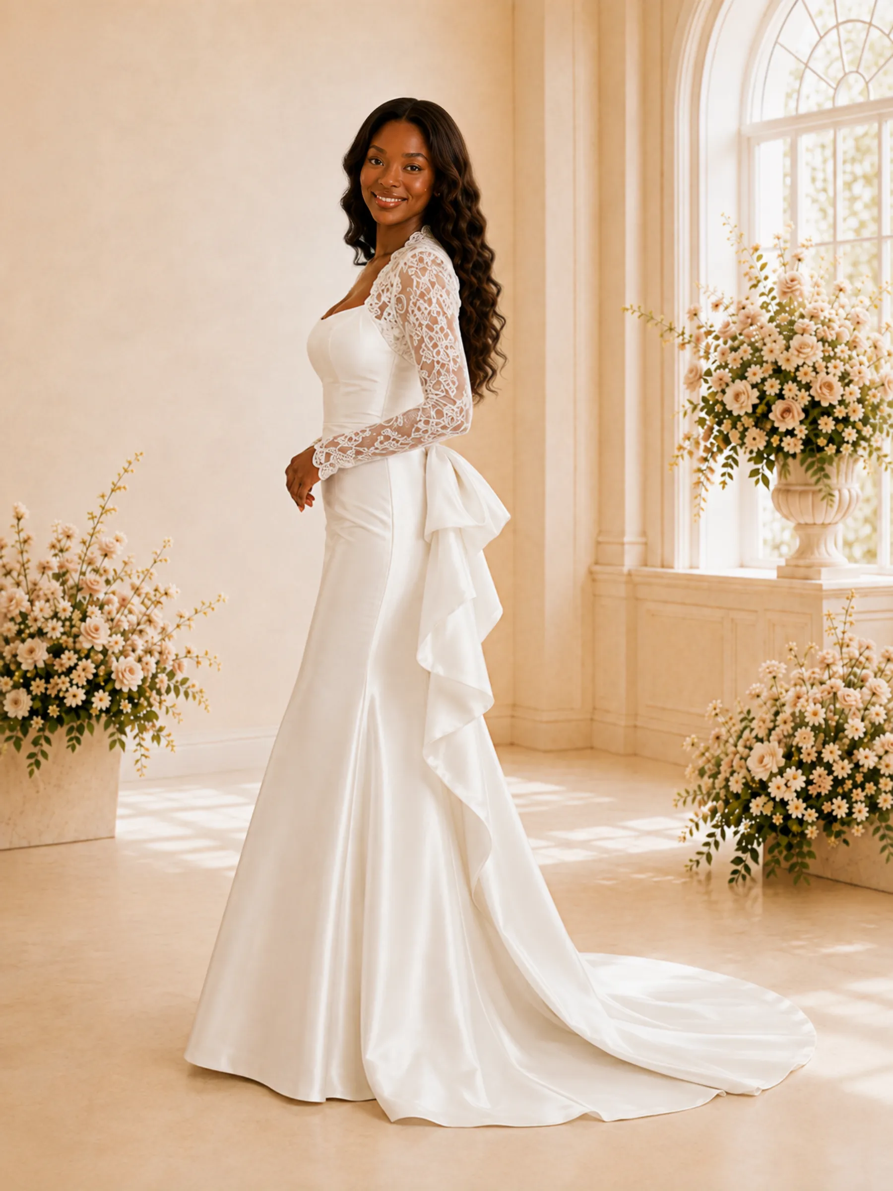 ChicSew Elegant Long Lace Sleeves Bow Knot Satin Mermaid Maxi Wedding Dress sold by ChicSew product image thumbnail 3