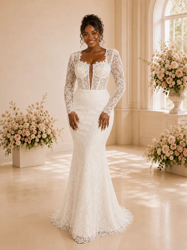 ChicSew Romantic Square Neck Long Sleeves Lace Mermaid Maxi Wedding Dress made by ChicSew