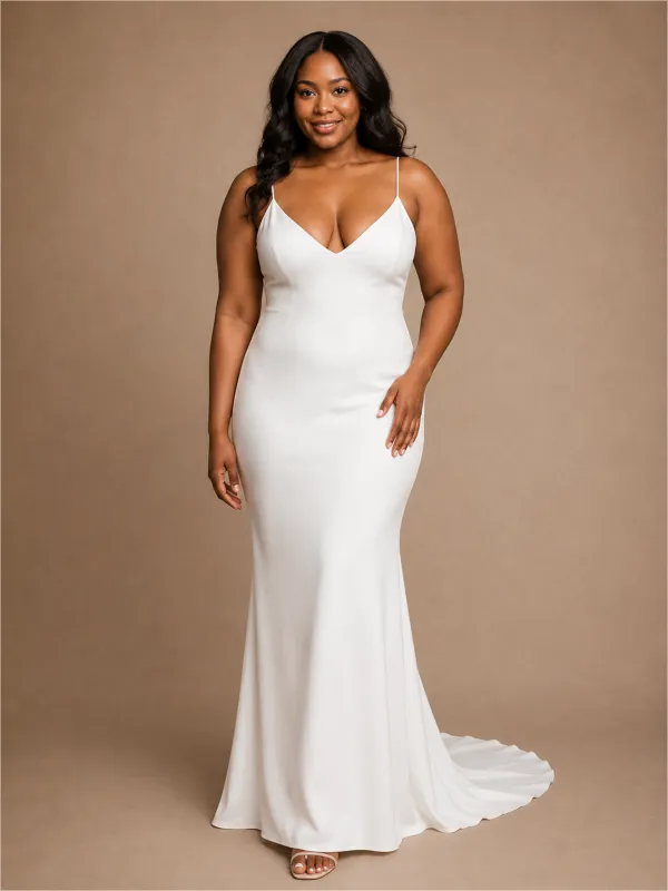 ChicSew Elegant V-Neck Spaghetti Straps Mermaid Crepe Floor-Length Wedding Dress made by ChicSew