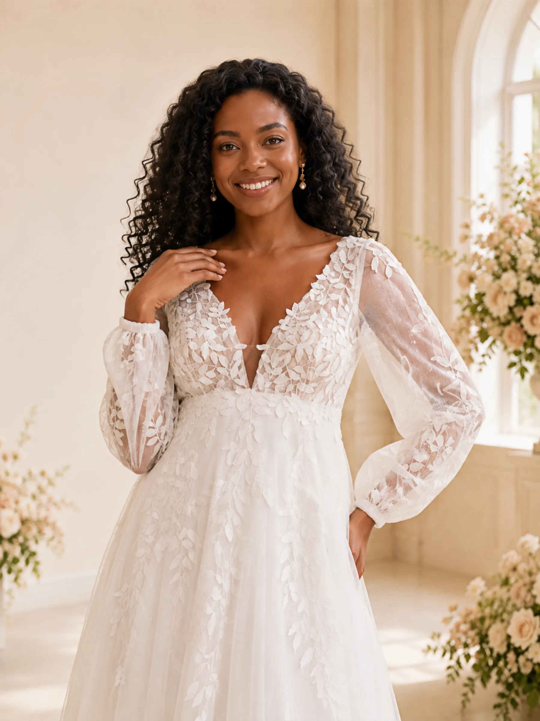 ChicSew Romantic V-Neck Long Sleeves Tulle Maxi Wedding Dress With Lace Appliques sold by ChicSew product image thumbnail 2