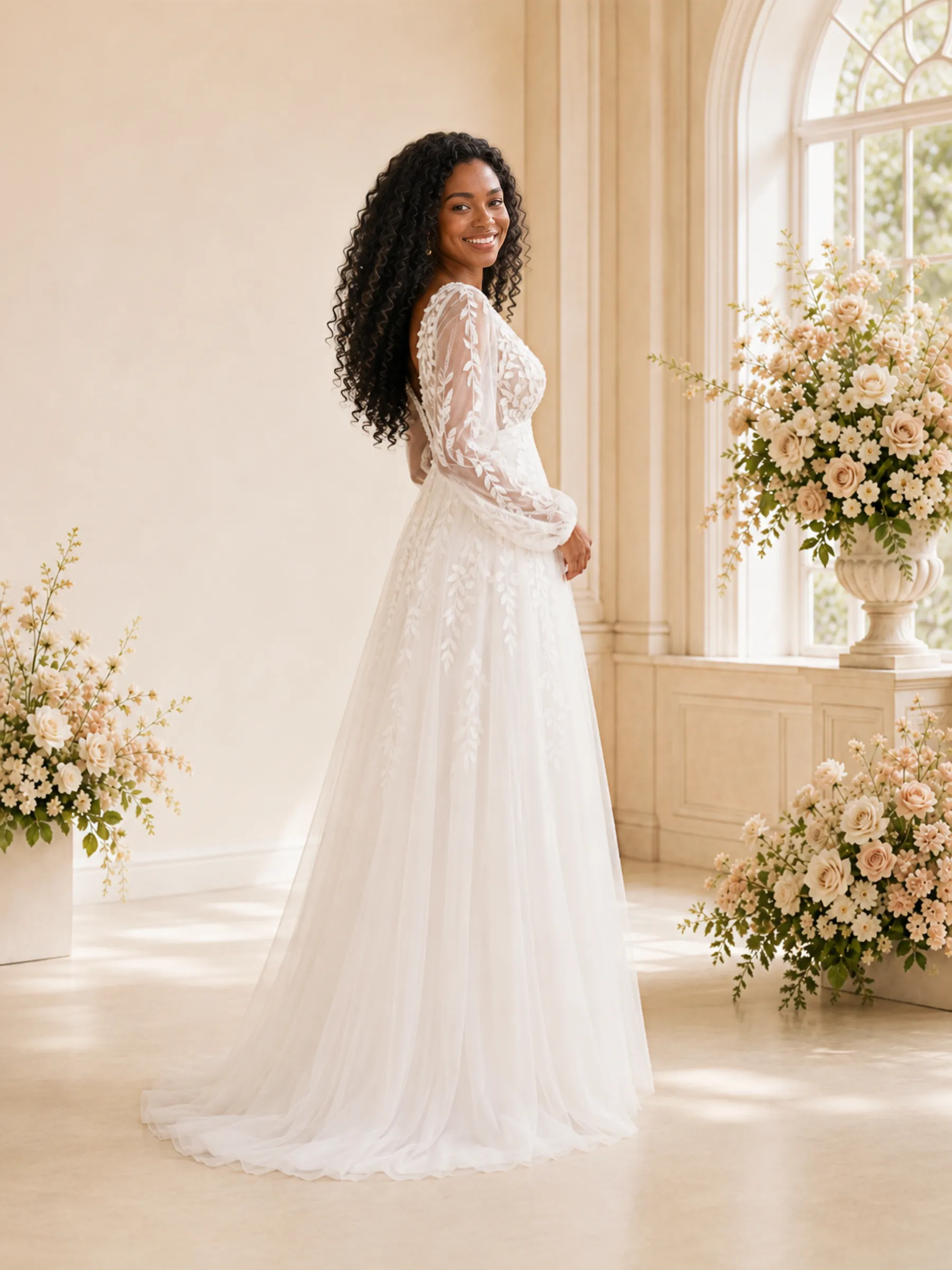 ChicSew Romantic V-Neck Long Sleeves Tulle Maxi Wedding Dress With Lace Appliques sold by ChicSew product image thumbnail 3