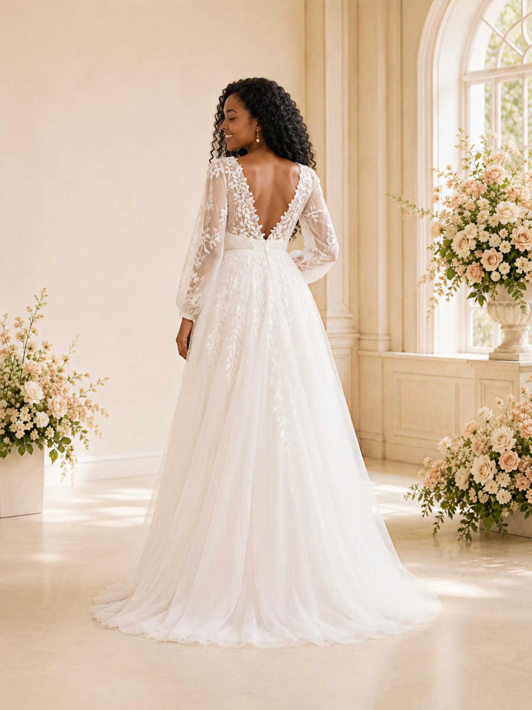 ChicSew Romantic V-Neck Long Sleeves Tulle Maxi Wedding Dress With Lace Appliques sold by ChicSew product image thumbnail 4