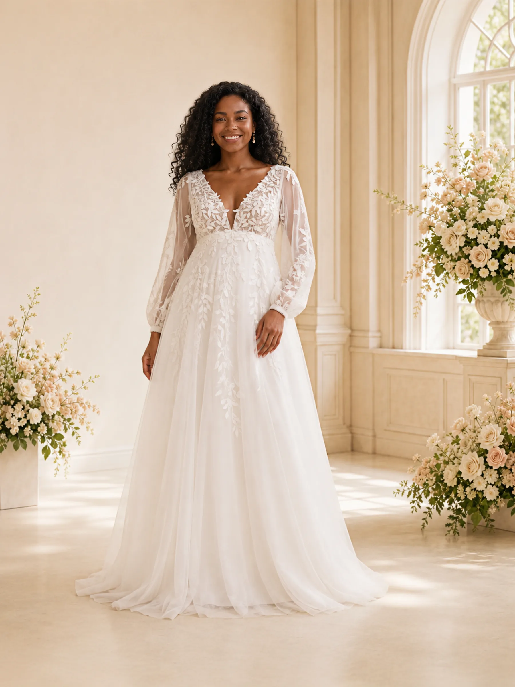 ChicSew Romantic V-Neck Long Sleeves Tulle Maxi Wedding Dress With Lace Appliques sold by ChicSew