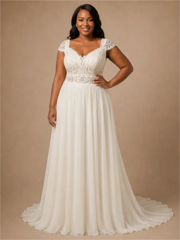 ChicSew Elegant V-Neck Cap Sleeves Chiffon A-Line Wedding Dress With Lace Appliques made by ChicSew