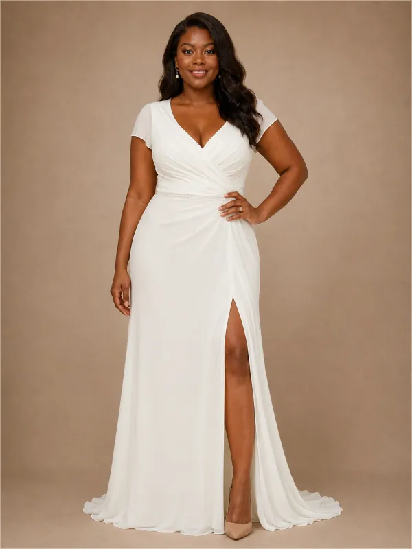 ChicSew Simple V-Neck Short Sleeves Ruching Side Slit Chiffon Mermaid Wedding Dress made by ChicSew