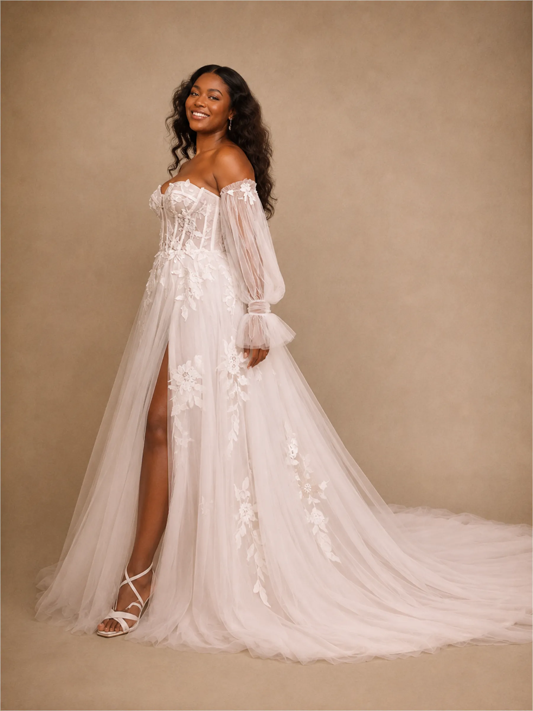 ChicSew Romantic Sweetheart Long Sleeves Side Slit Tulle A-Line Wedding Dress With Lace Appliques sold by ChicSew product image thumbnail 3