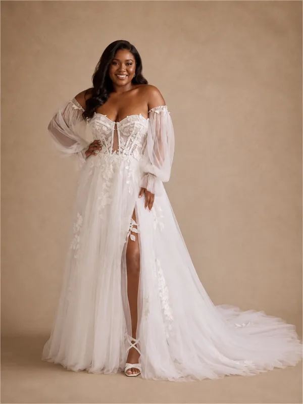 ChicSew Romantic Sweetheart Long Sleeves Side Slit Tulle A-Line Wedding Dress With Lace Appliques made by ChicSew