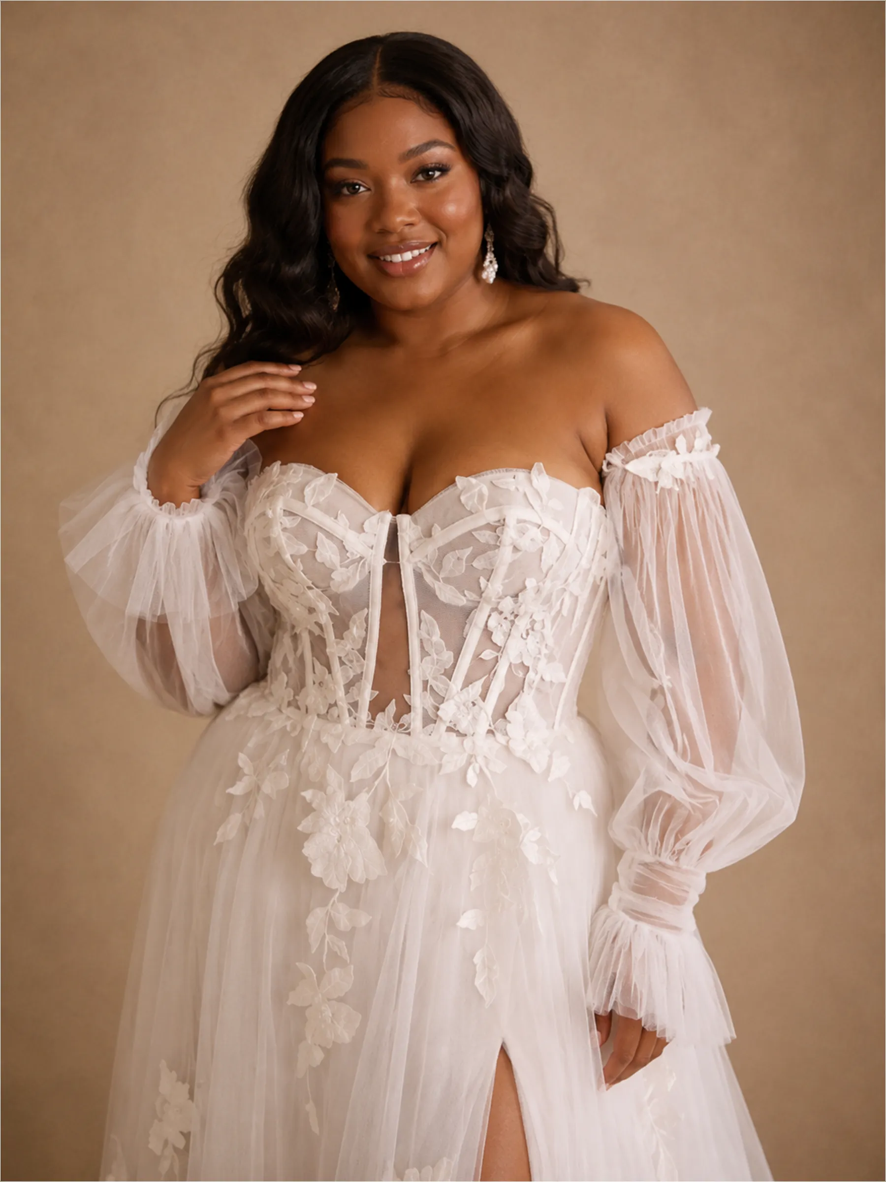 ChicSew Romantic Sweetheart Long Sleeves Side Slit Tulle A-Line Wedding Dress With Lace Appliques sold by ChicSew product image thumbnail 2