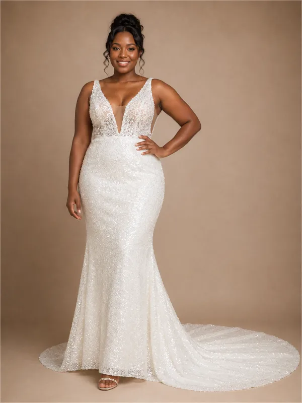 ChicSew Elegant V-Neck Spaghetti Straps Mermaid Sequin Floor-Length Wedding Dress made by ChicSew