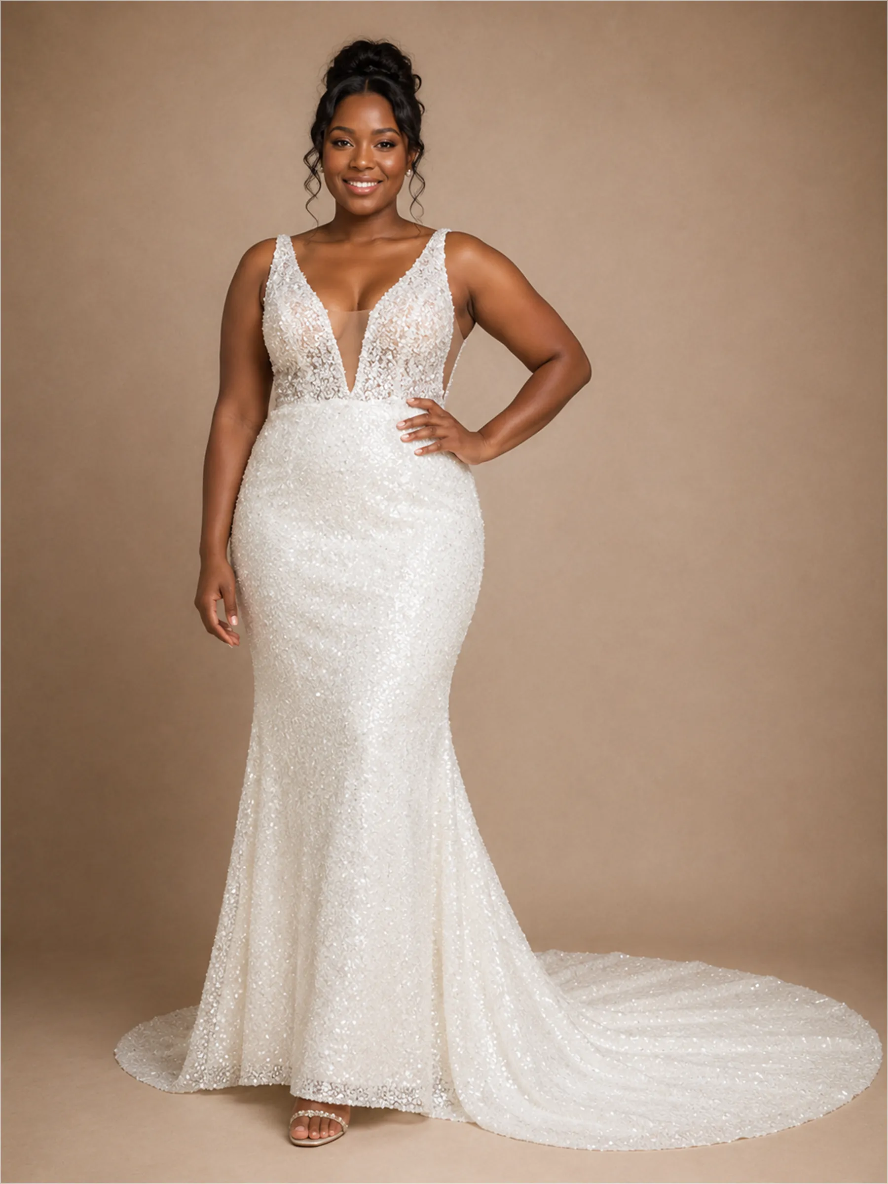 ChicSew Elegant V-Neck Spaghetti Straps Mermaid Sequin Floor-Length Wedding Dress sold by ChicSew