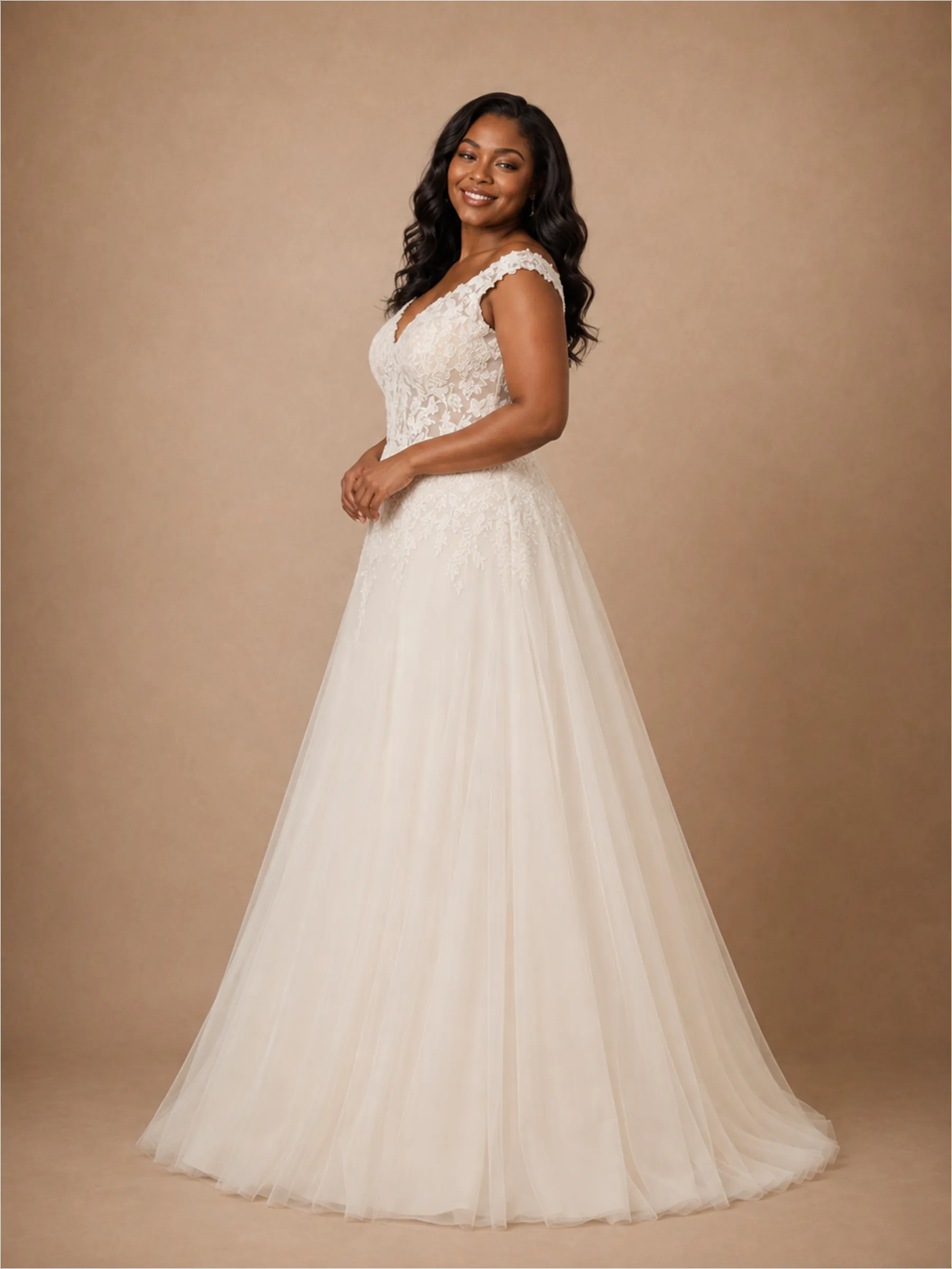 ChicSew Romantic V-Neck Off The Shoulder A-Line Lace Appliques Tulle Maxi Wedding Dress sold by ChicSew product image thumbnail 4