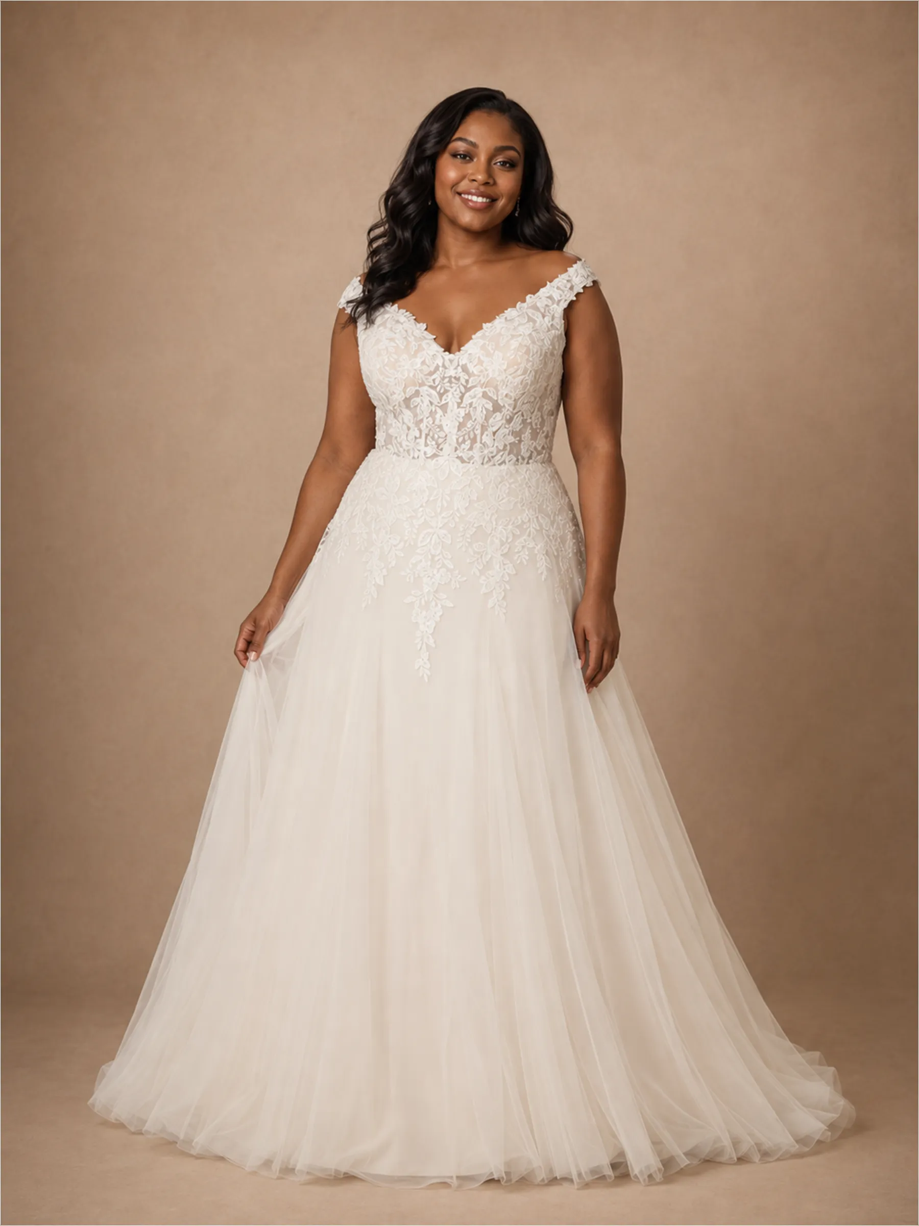 ChicSew Romantic V-Neck Off The Shoulder A-Line Lace Appliques Tulle Maxi Wedding Dress sold by ChicSew
