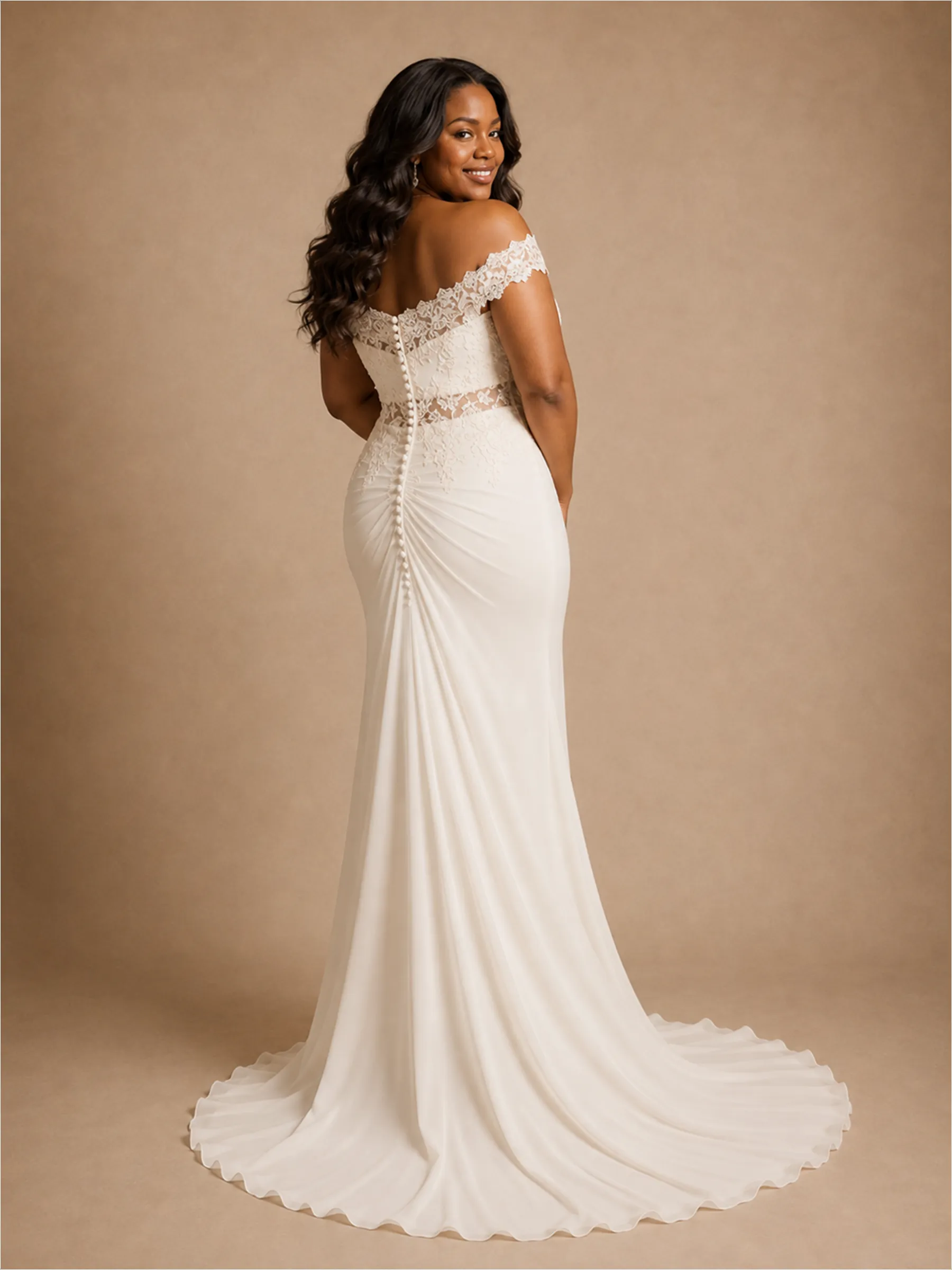 ChicSew Unique Off The Shoulder Lace Appliques Chiffon Long Mermaid Wedding Dress sold by ChicSew product image thumbnail 4