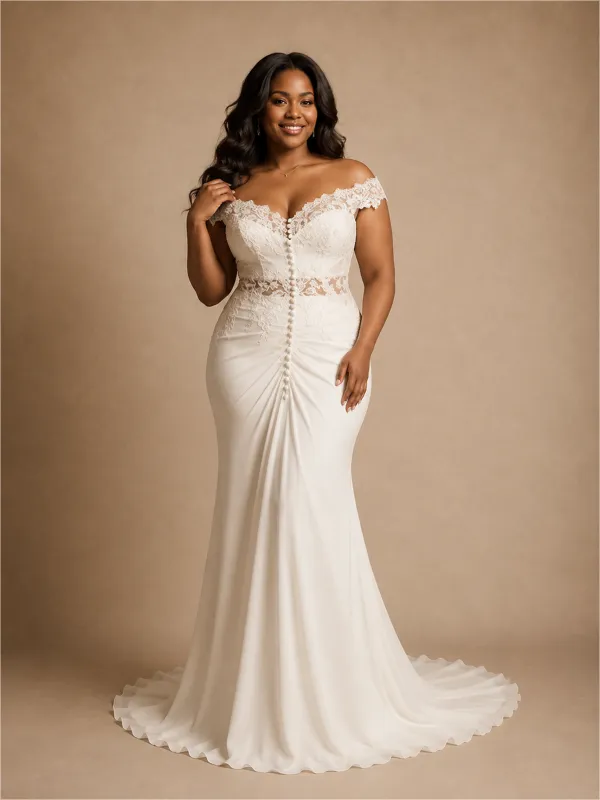 ChicSew Unique Off The Shoulder Lace Appliques Chiffon Long Mermaid Wedding Dress made by ChicSew