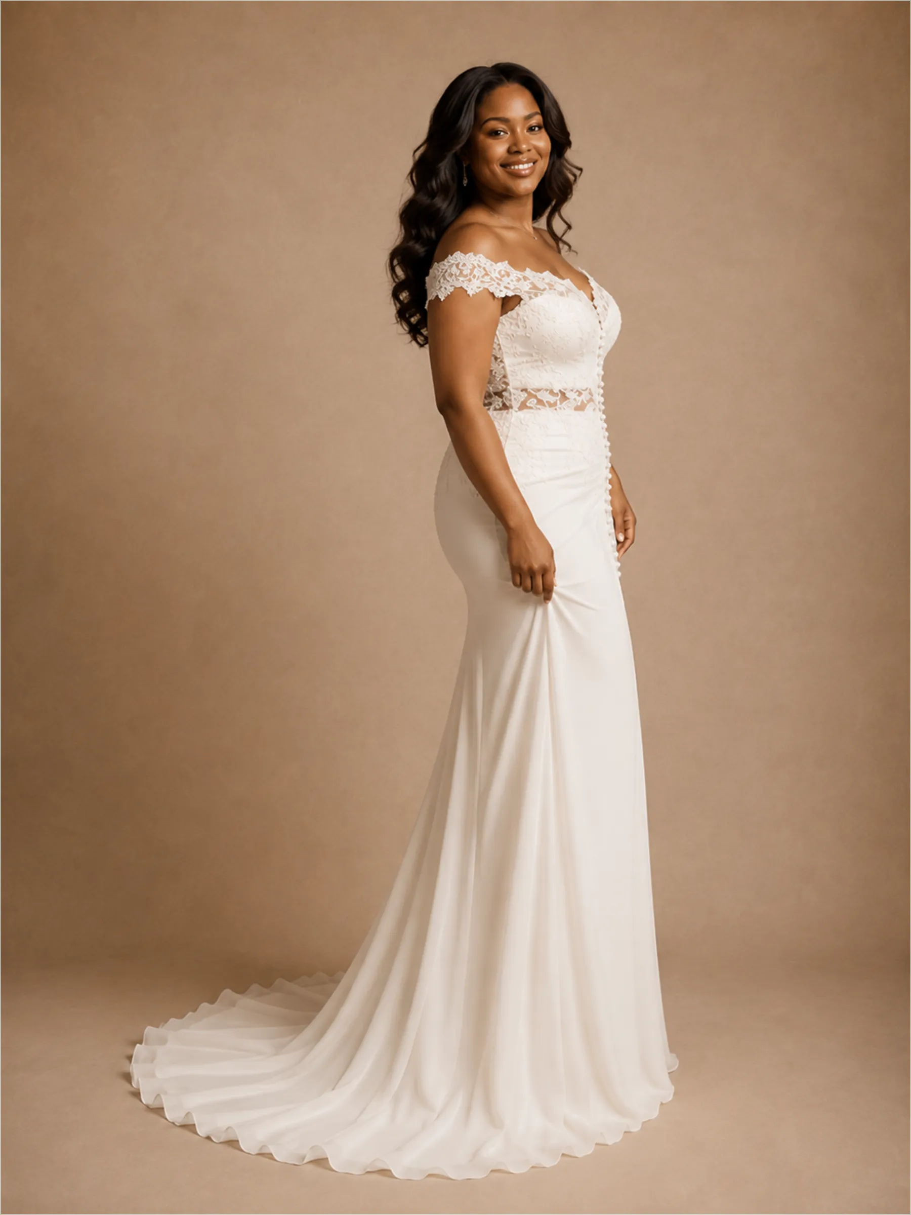 ChicSew Unique Off The Shoulder Lace Appliques Chiffon Long Mermaid Wedding Dress sold by ChicSew product image thumbnail 3