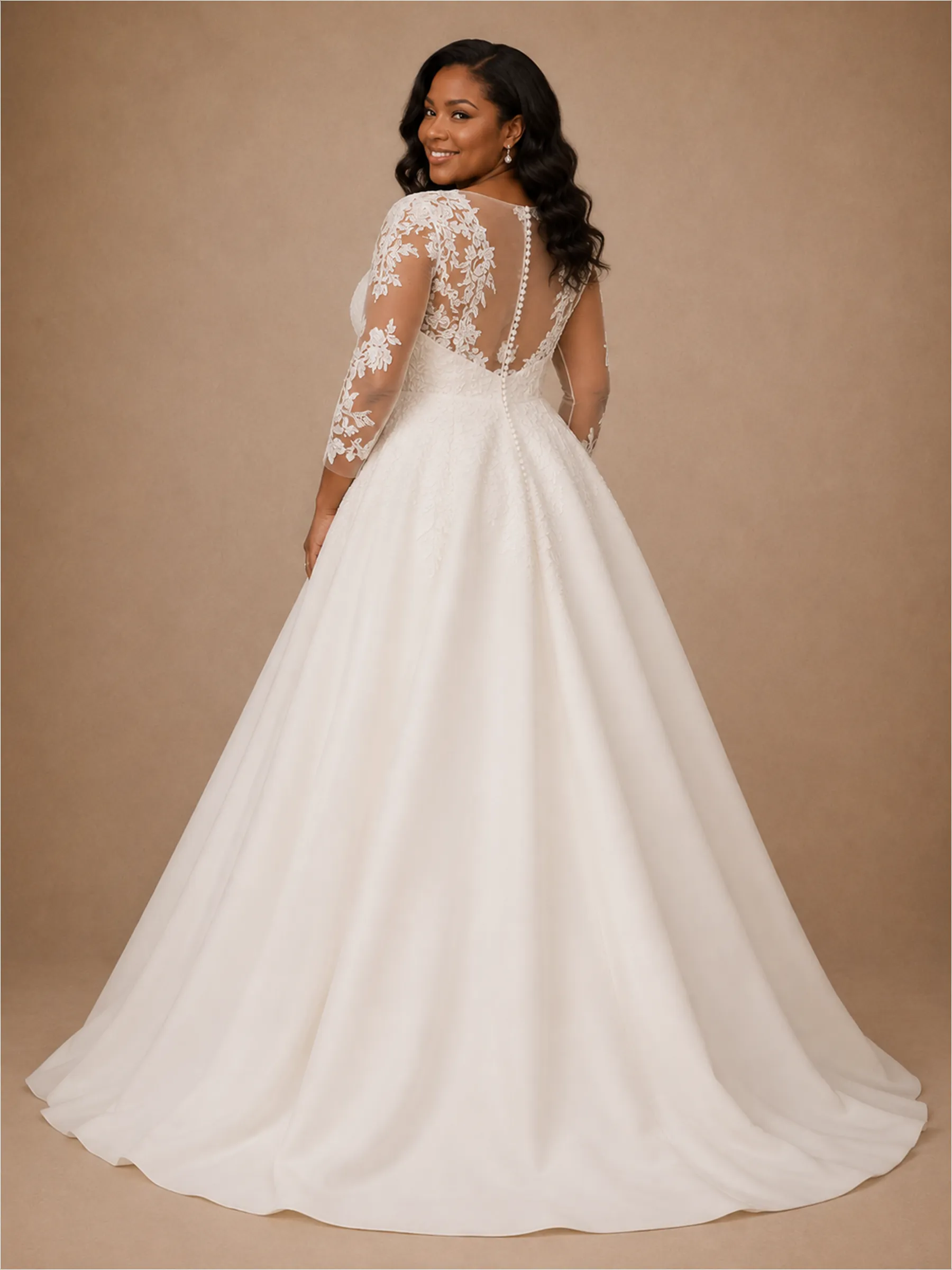 ChicSew Elegant V-Neck Long Sleeves A-Line Lace Appliques Crepe Maxi Wedding Dress sold by ChicSew product image thumbnail 4
