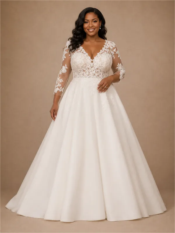 ChicSew Elegant V-Neck Long Sleeves A-Line Lace Appliques Crepe Maxi Wedding Dress made by ChicSew