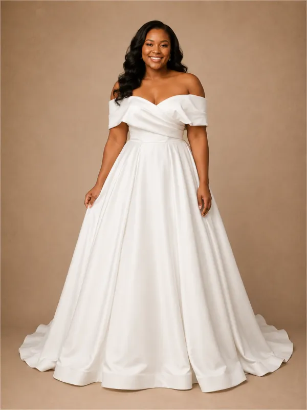 ChicSew Elegant Off The Shoulder Ruching Sleeveless Long A-Line Satin Wedding Dress made by ChicSew