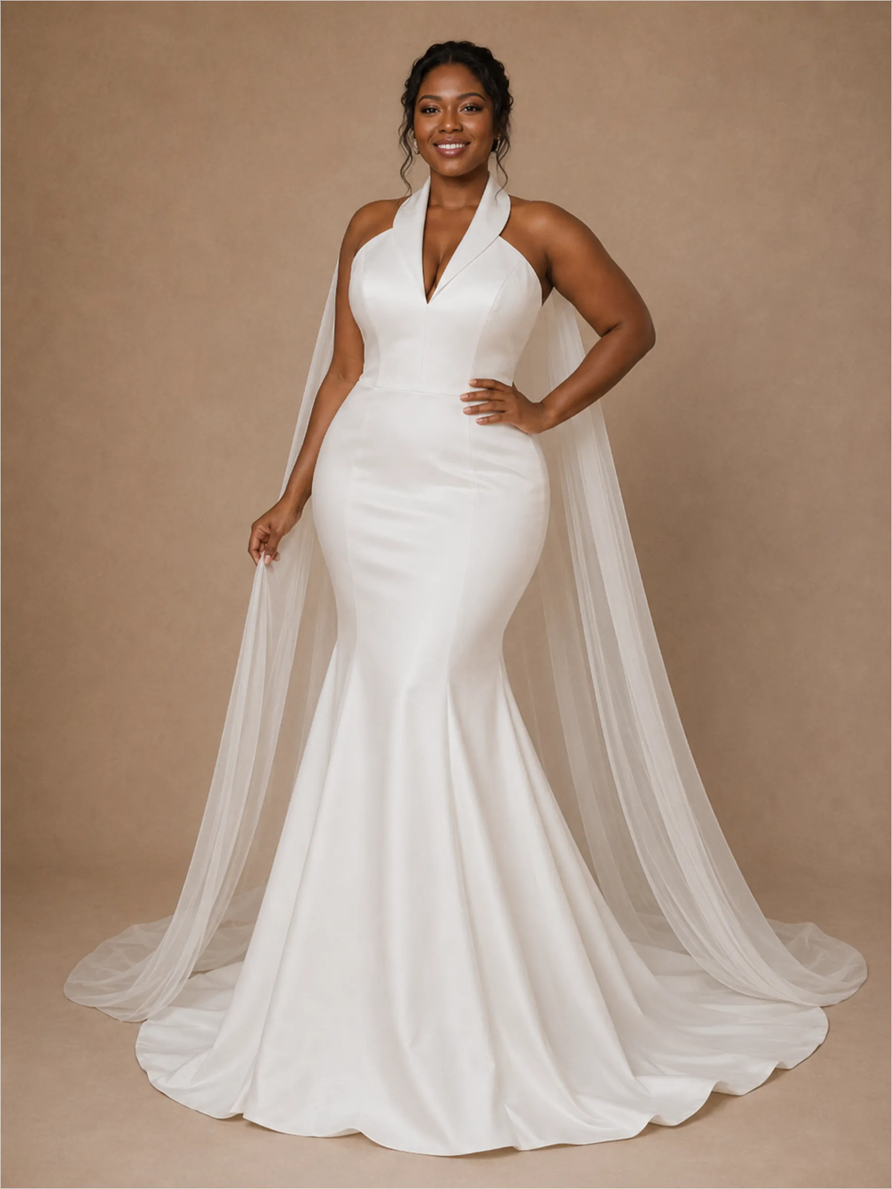 ChicSew Modern V-Neck Halter Strap Sleeveless Mermaid Satin Floor-Length Wedding Dress sold by ChicSew