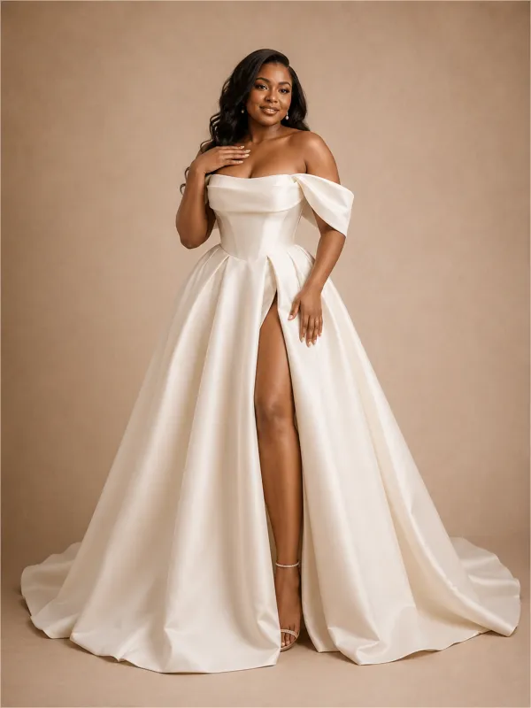 ChicSew Elegant Off The Shoulder Boning Sleeveless Long A-Line Satin Wedding Dress made by ChicSew