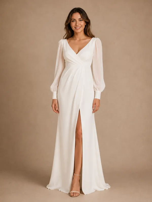 ChicSew Elegant Simple V-Neck Long Sleeves Chiffon Mermaid Long Wedding Dress made by ChicSew