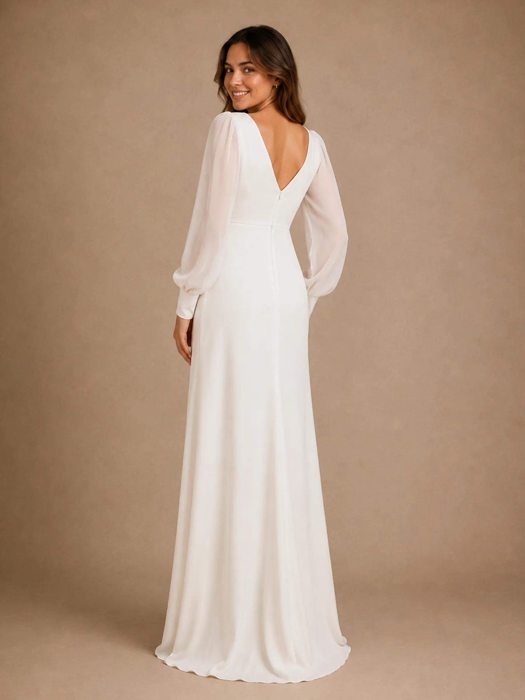 ChicSew Elegant Simple V-Neck Long Sleeves Chiffon Mermaid Long Wedding Dress sold by ChicSew product image thumbnail 4